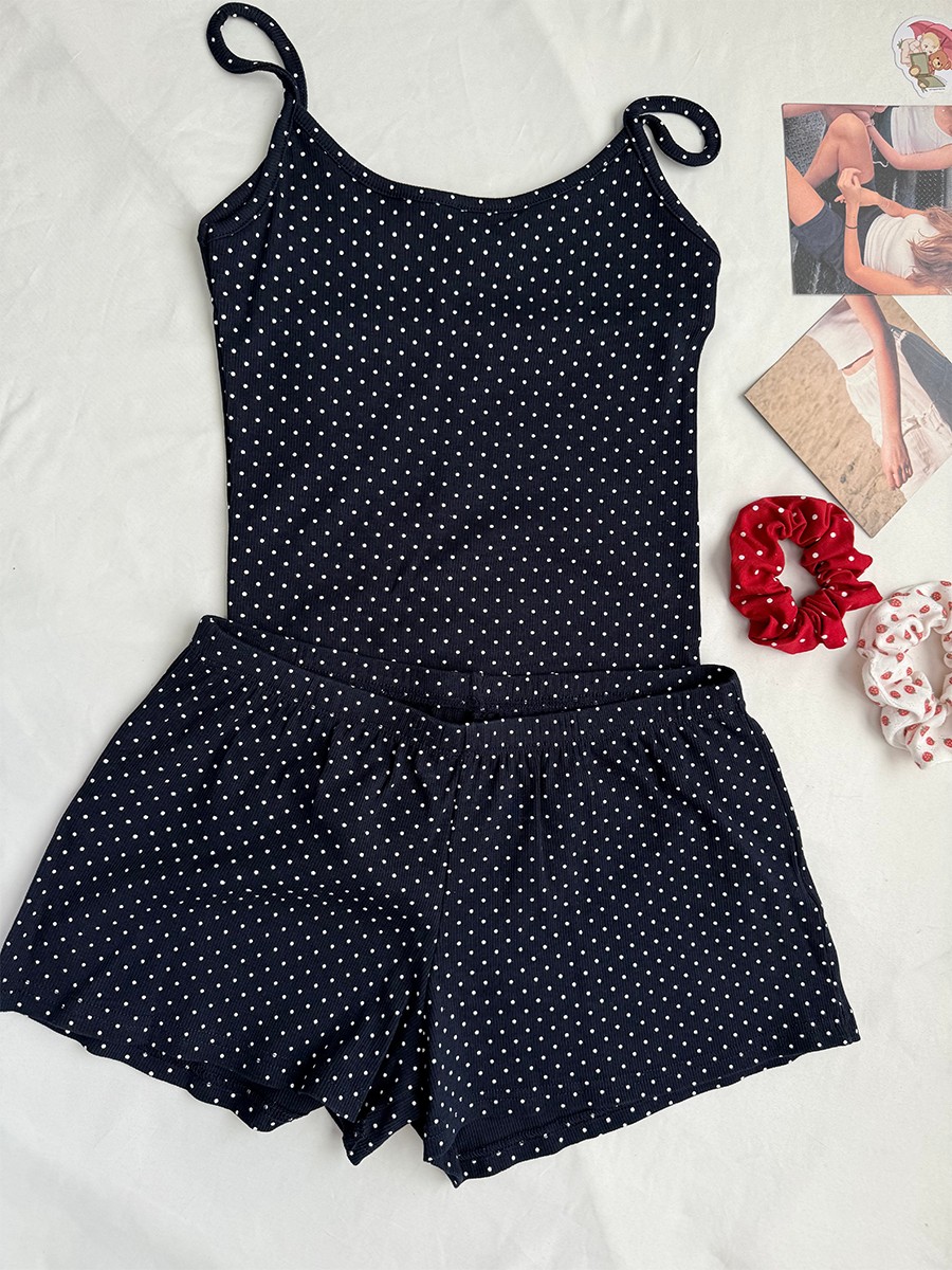 Navy Dot Ribbed Shorts Sets Wo - Tank Top Ribbed ulasan dan harga